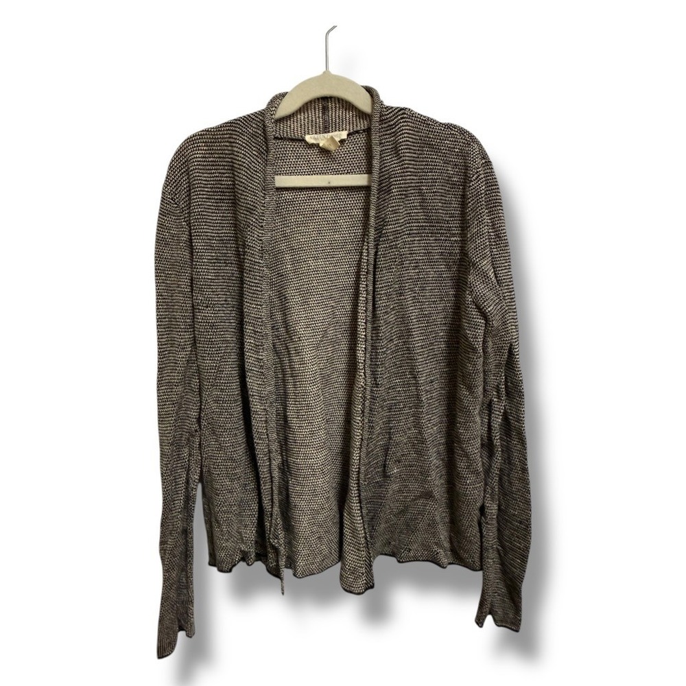 Eileen Fisher Petite Black Cream Birdseye 100% Organic Linen Open Front Cardigan